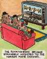 Potato heads watch TV sitcom.